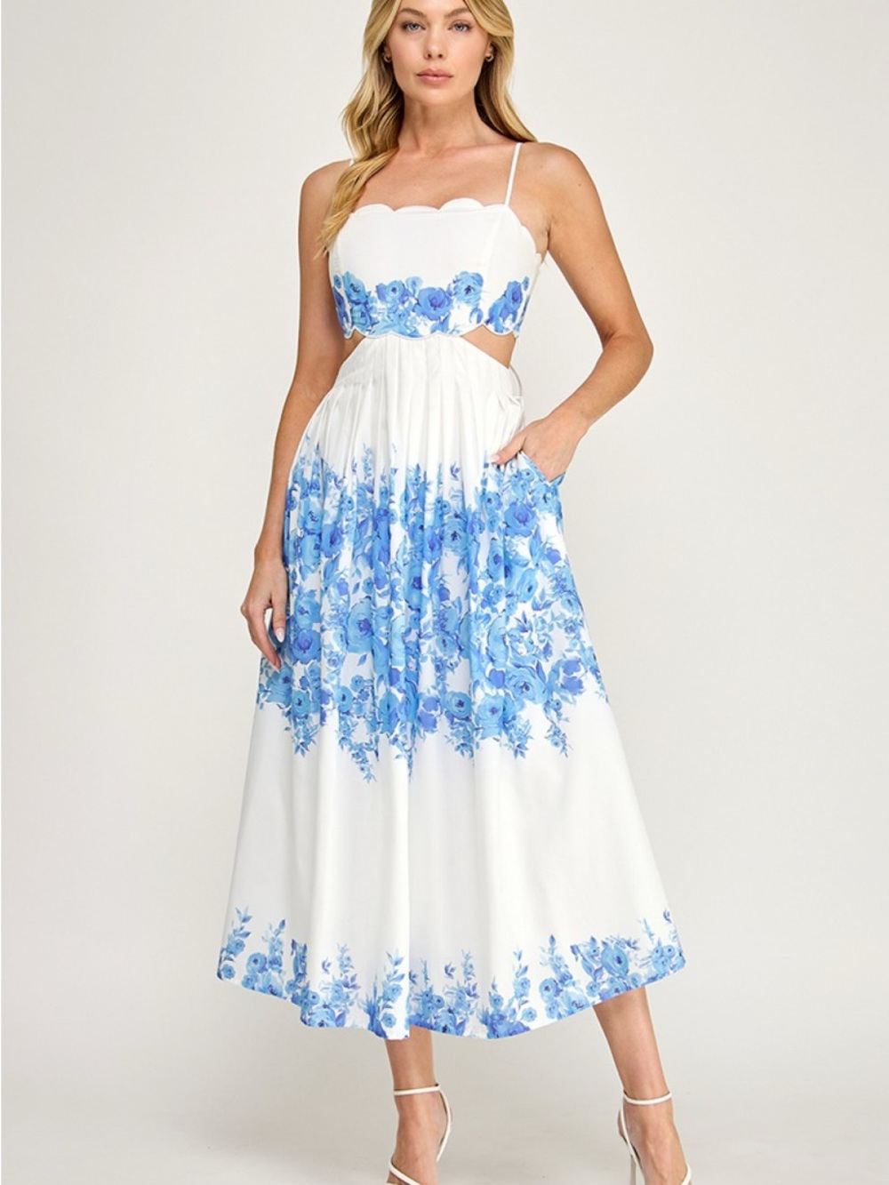 Vintage White Midi Dress with Blue Floral Border